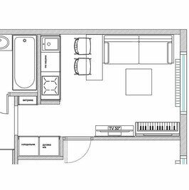 План гостиной со встроенной кухней